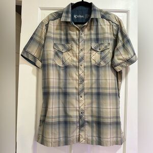 Kuhl Konquer Short Sleeve Pearl Snap Shirt Brown Orange Blue Plaid Size L EUC